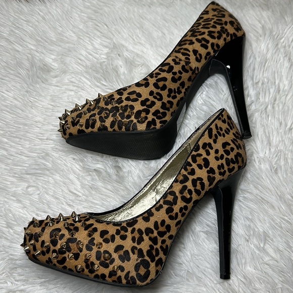 Express Real Hair Fur Leopard Print Spiked Platform Heel Pump - Picture 5 of 10